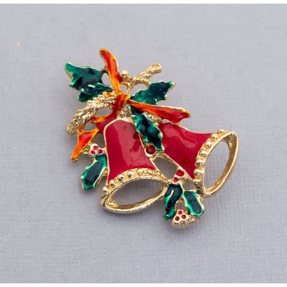 Vintage Mistletoe Bells Intricate Christmas Stylish Holiday Brooch - C1 - Picture 1 of 2
